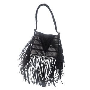 EMBER SKYE Black Leather & Braided Suede Fringed Crossbody Shoulder Bag